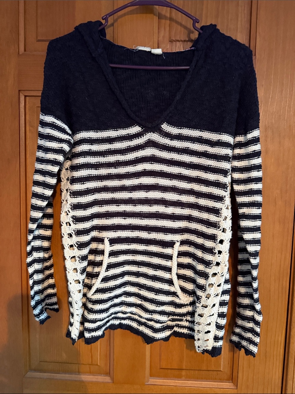 Roxy Navy and White Striped V-Neck Hooded Sweater